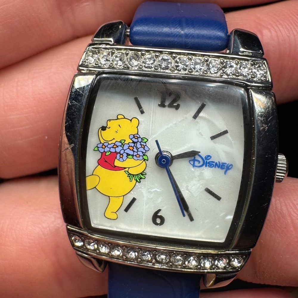Y2K Disney Winnie the Pooh Watch Blue Strap Crystal Bezel SII MU2202 Japan Movt